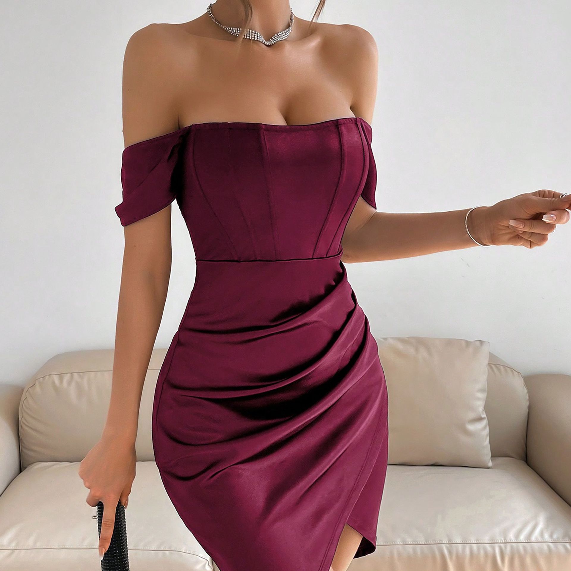 Off-shoulder Collar Spring Women's Mid-length Dress - Velerat