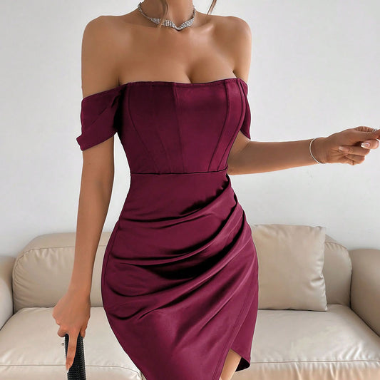 Off-shoulder Collar Spring Women's Mid-length Dress - Velerat