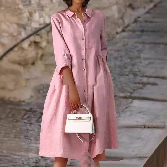 Pure Cotton And Linen Solid Color Loose Pocket Dress - Velerat