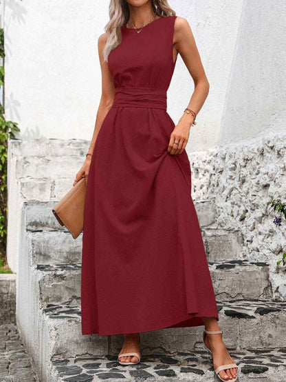 Women's Solid Color Round Neck Sleeveless Loose Casual Dress - Velerat